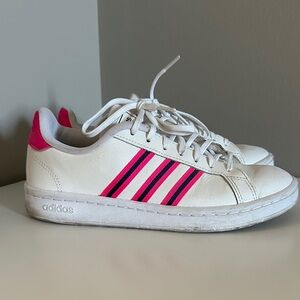 Adidas White Sneakers with Pink Stripes